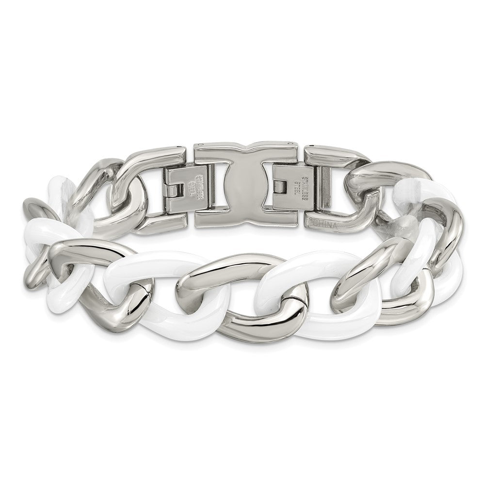 Stainless Steel Chisel Polished With White Ceramic 7.5 Inch Curb Link Bracelet 1 Extension