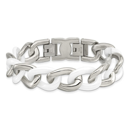 Stainless Steel Chisel Polished With White Ceramic 7.5 Inch Curb Link Bracelet 1 Extension