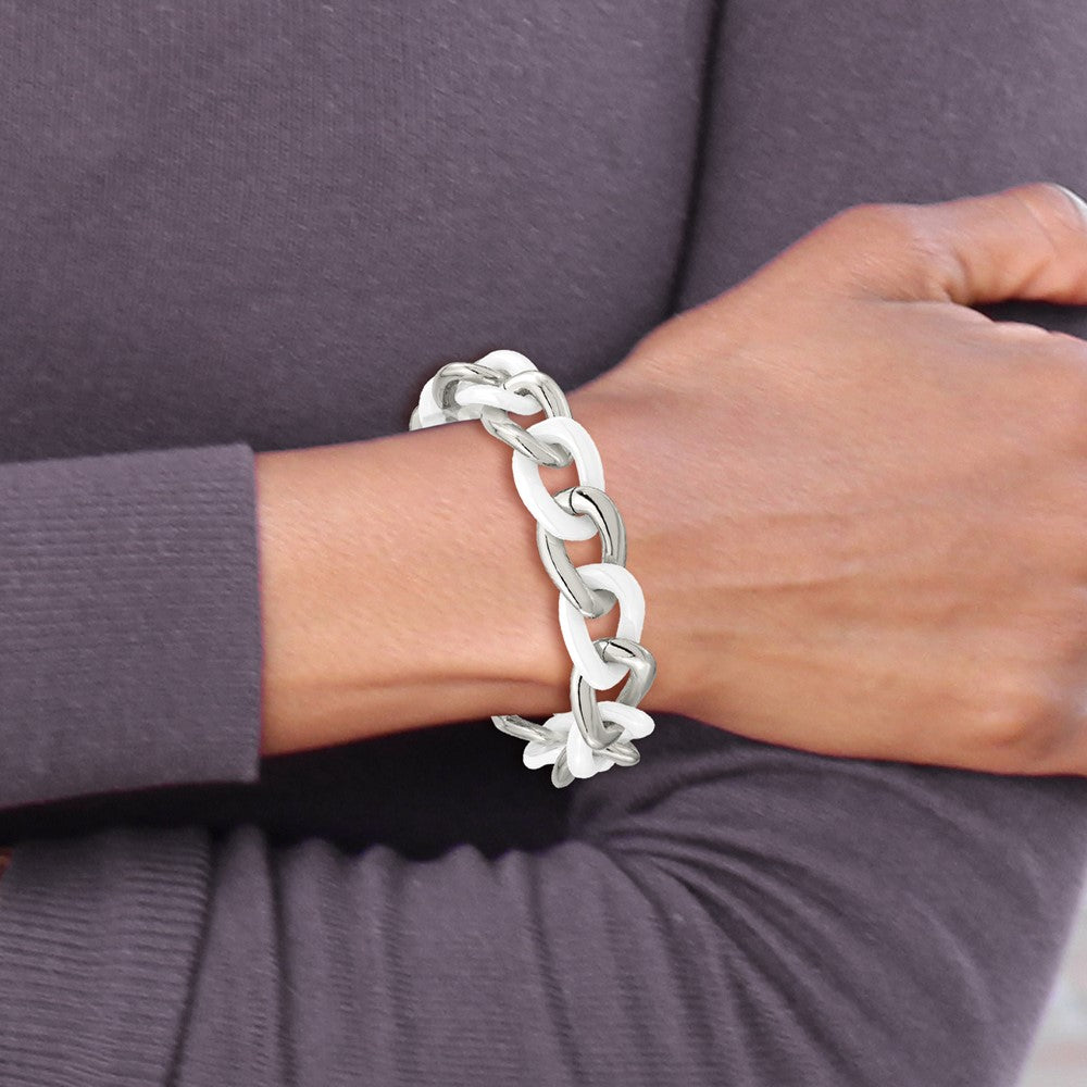 Stainless Steel Chisel Polished With White Ceramic 7.5 Inch Curb Link Bracelet 1 Extension