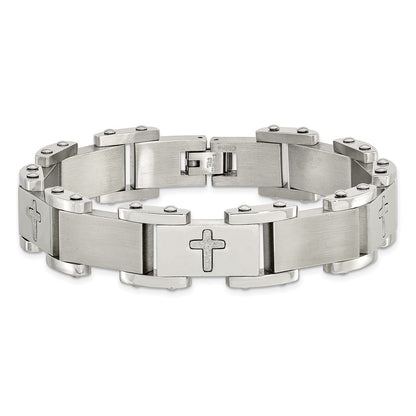Stainless Steel Chisel Brushed Polished And Laser Cut Crosses 8.75 Inch Link Bracelet