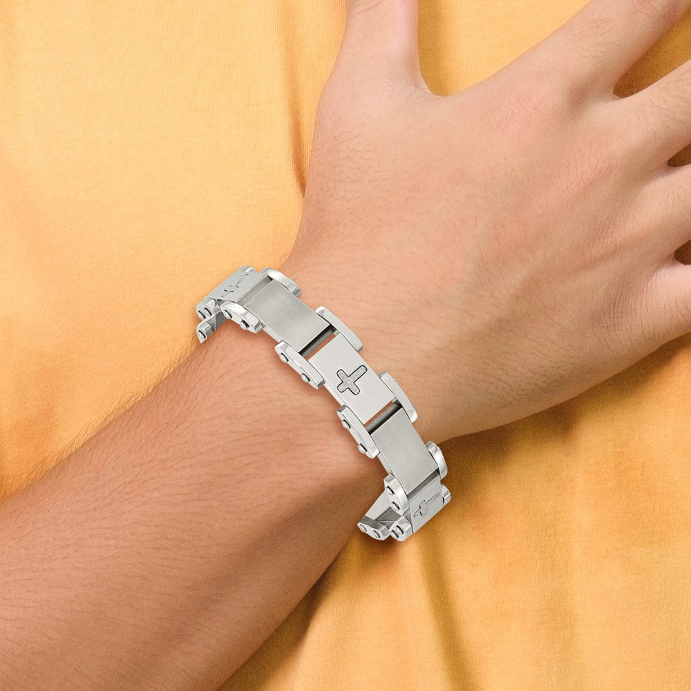 Stainless Steel Chisel Brushed Polished And Laser Cut Crosses 8.75 Inch Link Bracelet