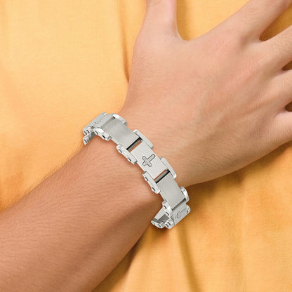 Stainless Steel Chisel Brushed Polished And Laser Cut Crosses 8.75 Inch Link Bracelet