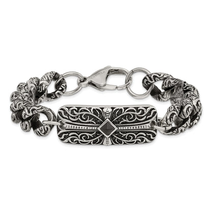 Stainless Steel Chisel Antiqued And Polished With Black Agate 9 Inch Fancy Link Cross Bracelet