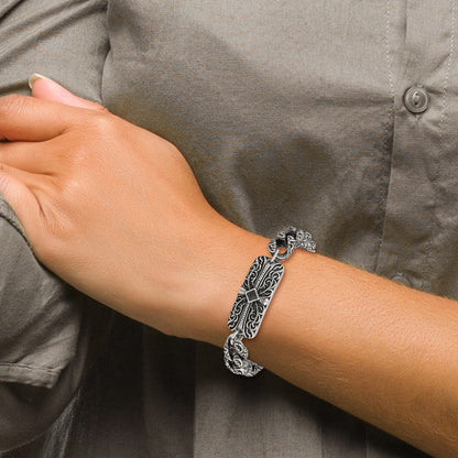 Stainless Steel Chisel Antiqued And Polished With Black Agate 9 Inch Fancy Link Cross Bracelet