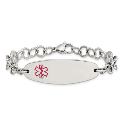 Stainless Steel Chisel Polished With Red Enamel Medical Id 7.25 Inch Open Link Bracelet