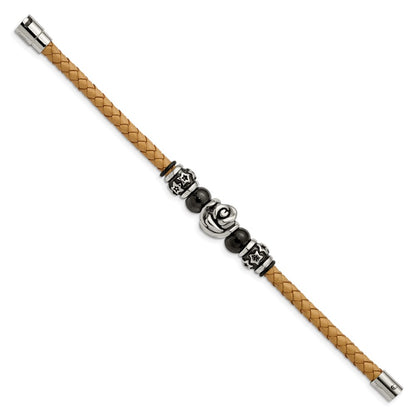 7.5 Inch Stainless Steel Brushed & Polished Black Ip Beads Leather 7.5In Bracelet