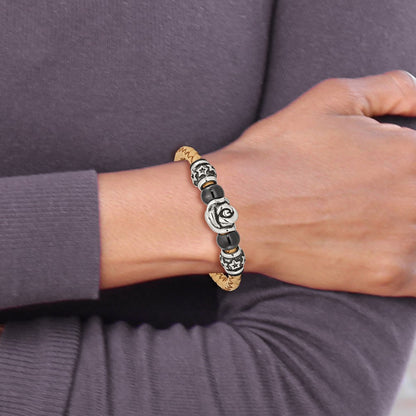 7.5 Inch Stainless Steel Brushed & Polished Black Ip Beads Leather 7.5In Bracelet