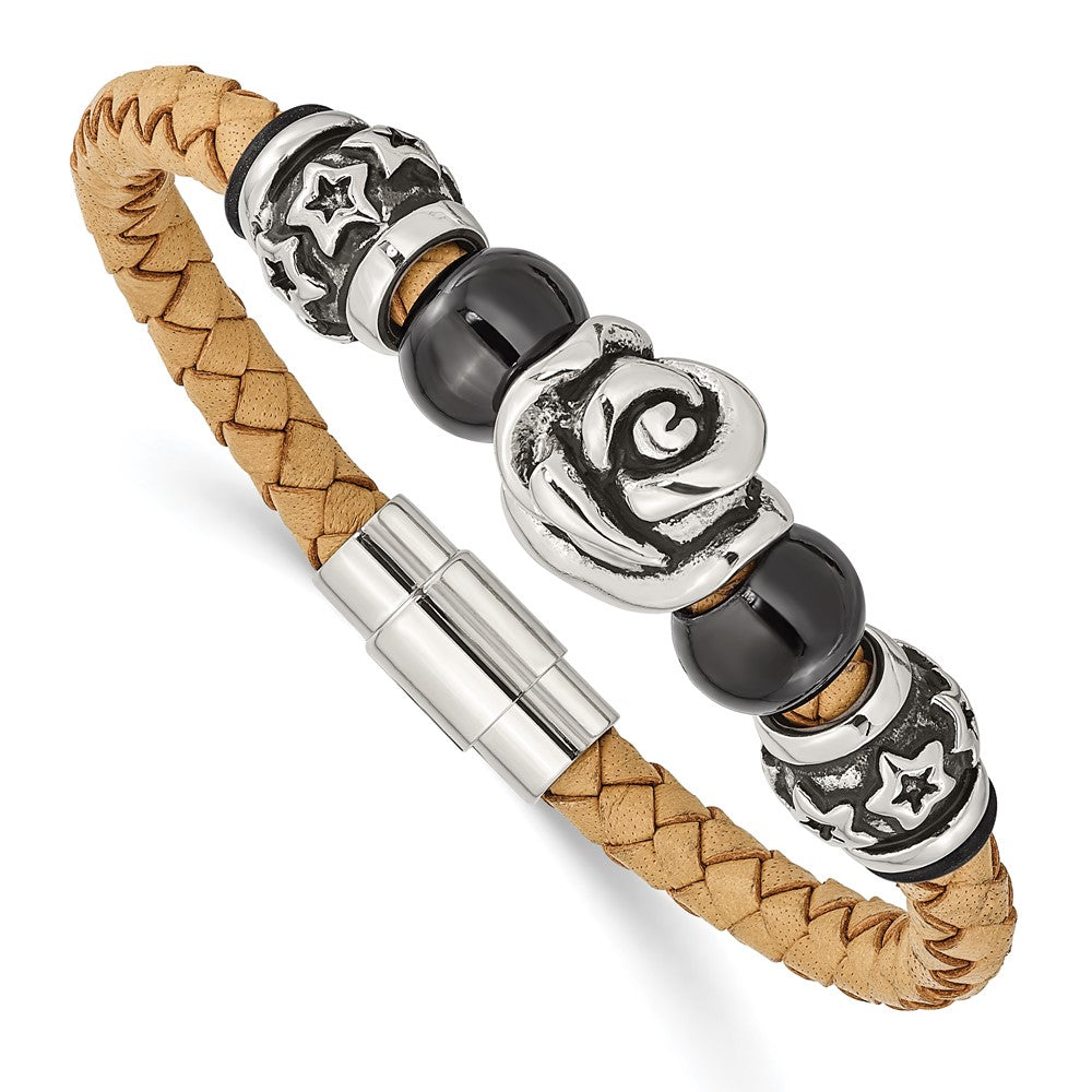 7.5 Inch Stainless Steel Brushed & Polished Black Ip Beads Leather 7.5In Bracelet