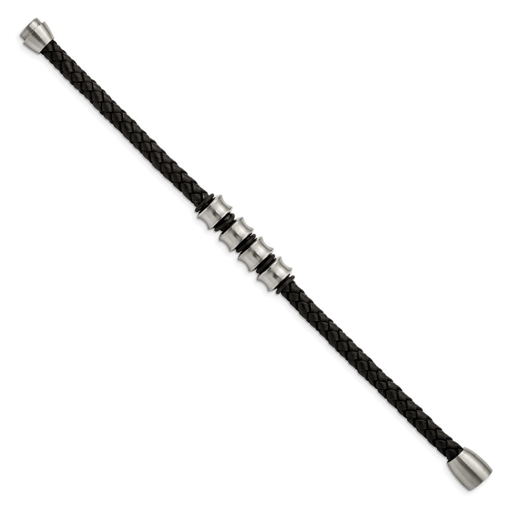 Stainless Steel Chisel Brushed Braided Black Leather 8.5 Inch Bracelet