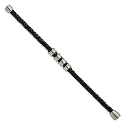 Stainless Steel Chisel Brushed Braided Black Leather 8.5 Inch Bracelet