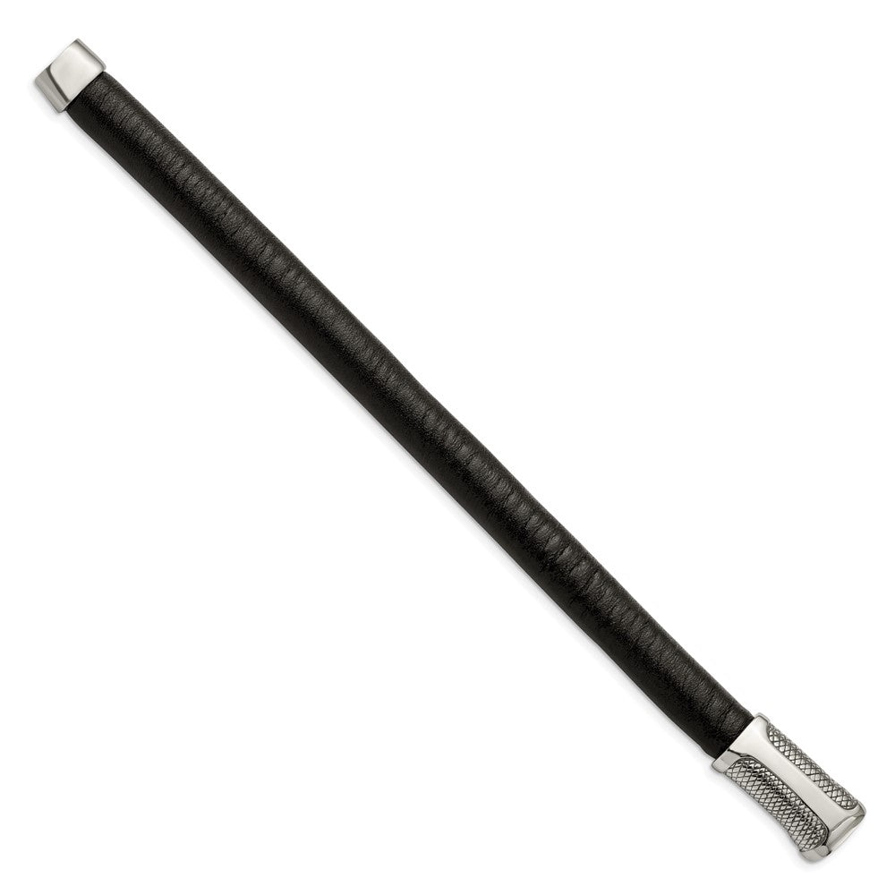 8.5 Inch Stainless Steel Polished And Textured Black Leather 8.5In Bracelet
