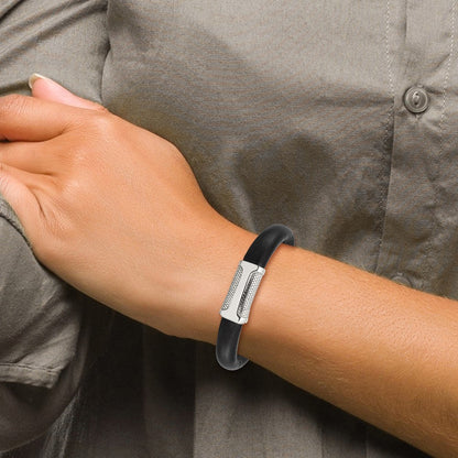 8.5 Inch Stainless Steel Polished And Textured Black Leather 8.5In Bracelet
