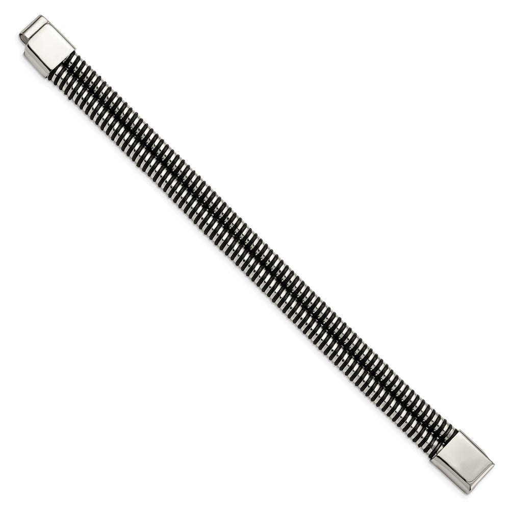 8.5 Inch Stainless Steel Polished & Black Leather 8.5In Bracelet