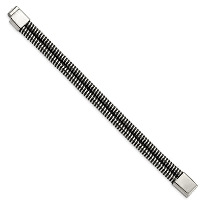 8.5 Inch Stainless Steel Polished & Black Leather 8.5In Bracelet