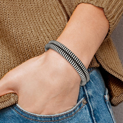 8.5 Inch Stainless Steel Polished & Black Leather 8.5In Bracelet