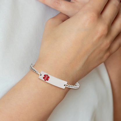Stainless Steel Chisel Polished With Red Enamel Medical Id 8.75 Inch Curb Chain Bracelet