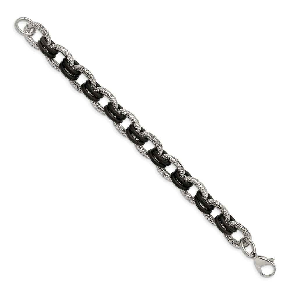 9 Inch Stainless Steel 9In Polished And Textured With Black Rubber Bracelet