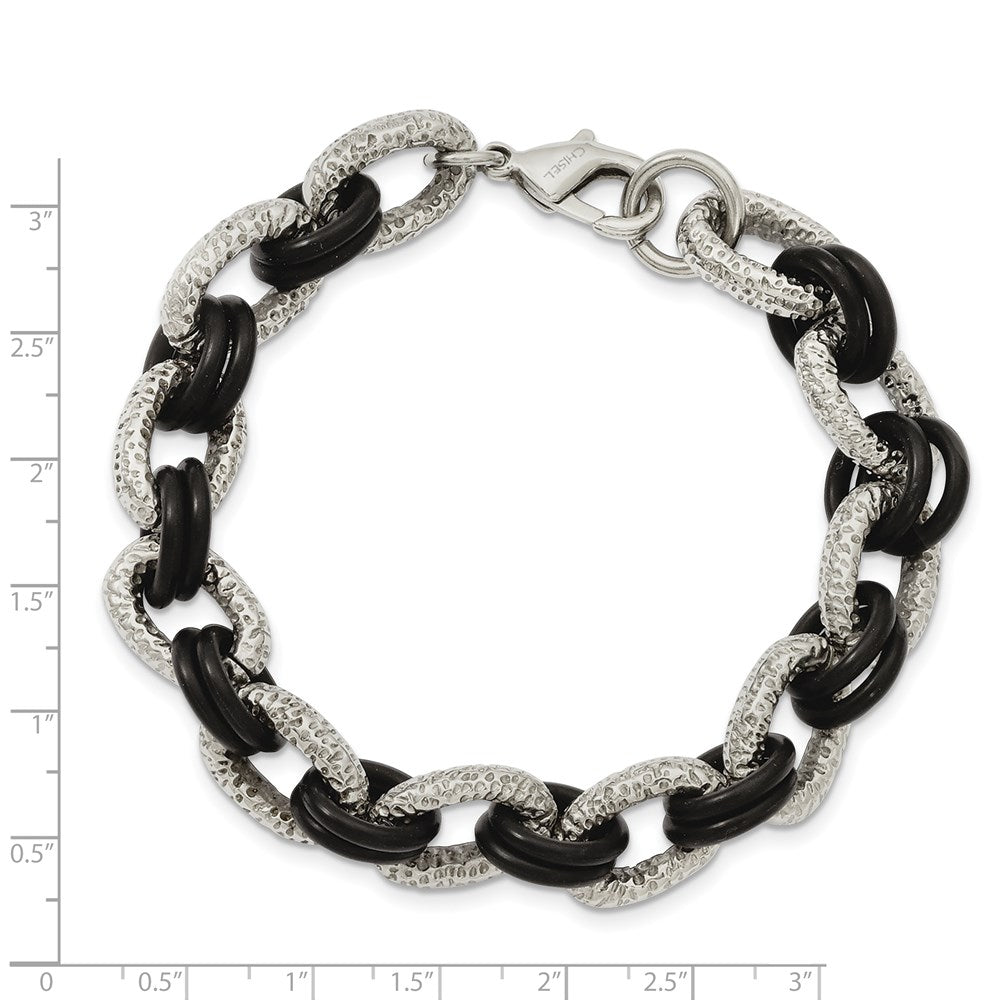 9 Inch Stainless Steel 9In Polished And Textured With Black Rubber Bracelet