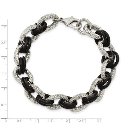 9 Inch Stainless Steel 9In Polished And Textured With Black Rubber Bracelet