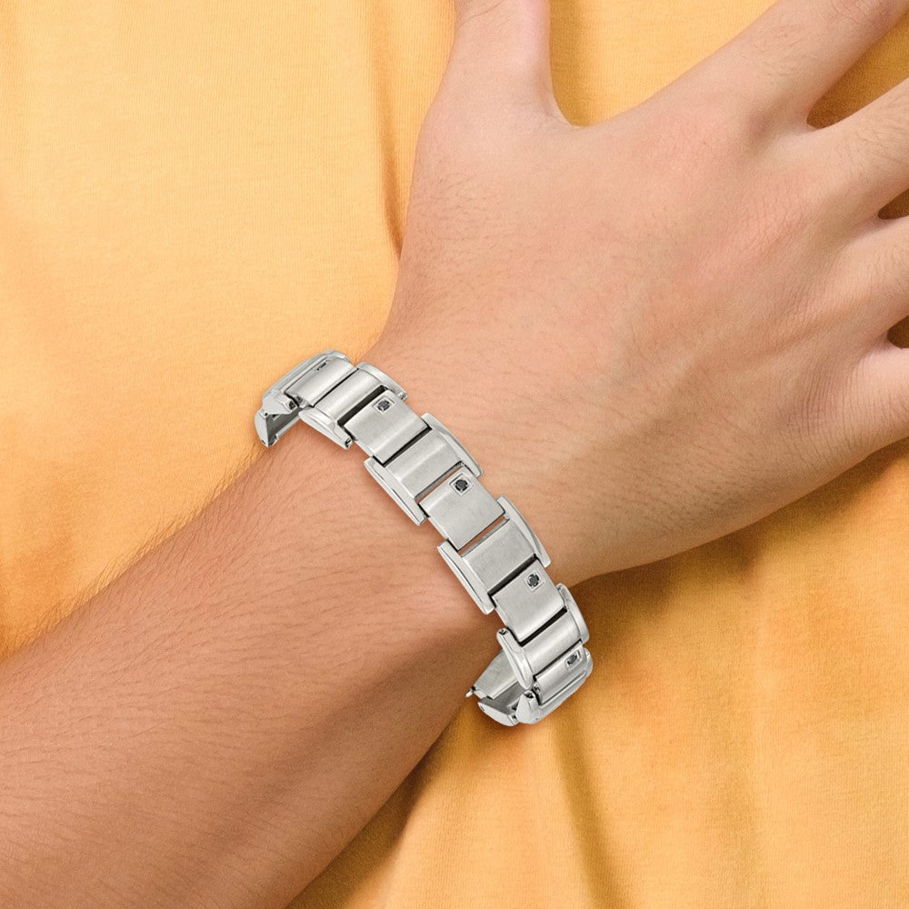 Stainless Steel Chisel Brushed And Polished With 3/8 Carat Black Diamond 8.5 Inch Bracelet