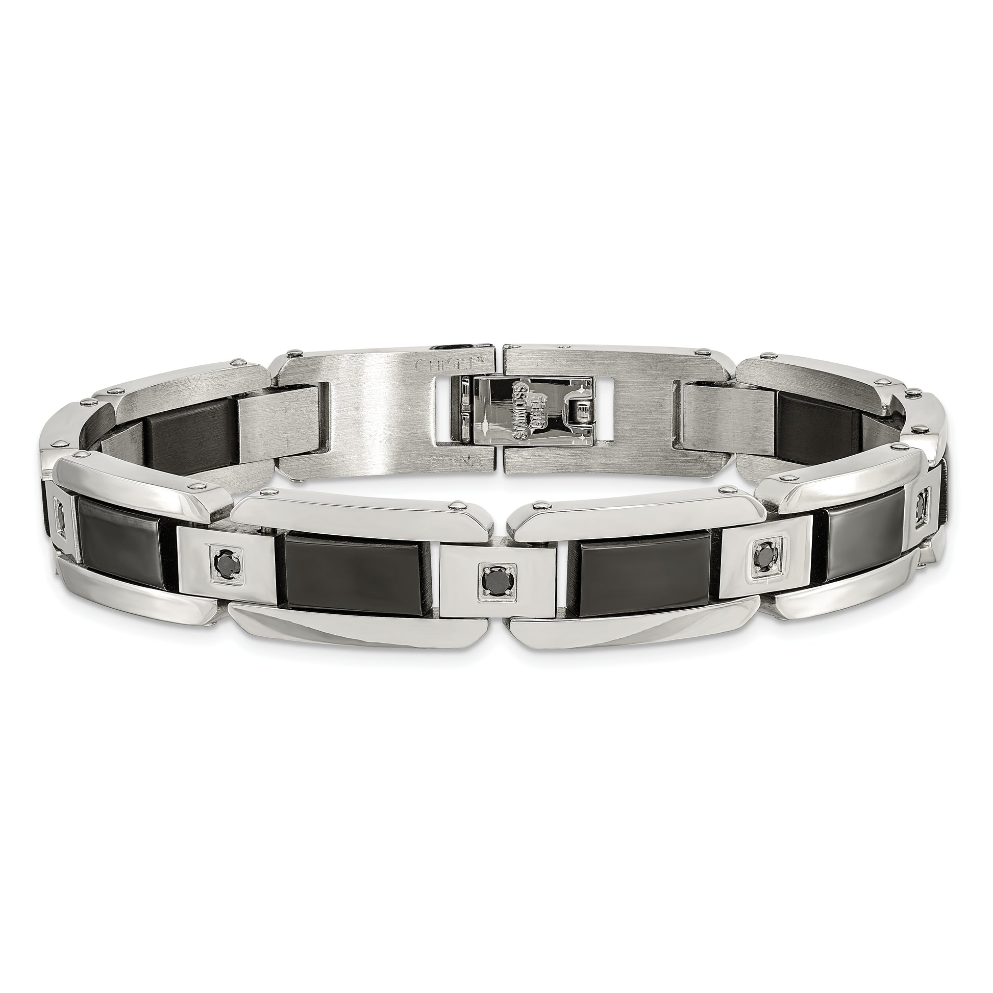 Stainless Steel Chisel Polished With Black Enamel And 1/2 Carat Diamond 8.75 Inch Bracelet