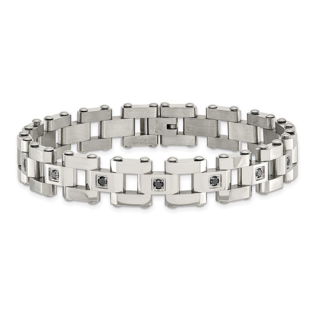 Stainless Steel Chisel Polished With 1 Carat Black Diamond 8.5 Inch Bracelet