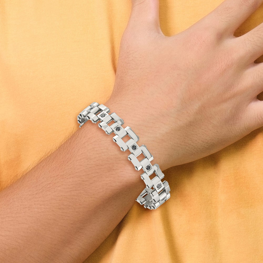 Stainless Steel Chisel Polished With 1 Carat Black Diamond 8.5 Inch Bracelet