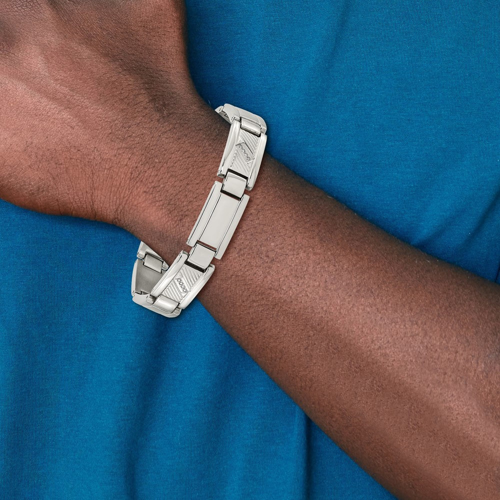 Stainless Steel Chisel Polished And Textured With 1/10 Carat Diamond 8.5 Inch Bracelet