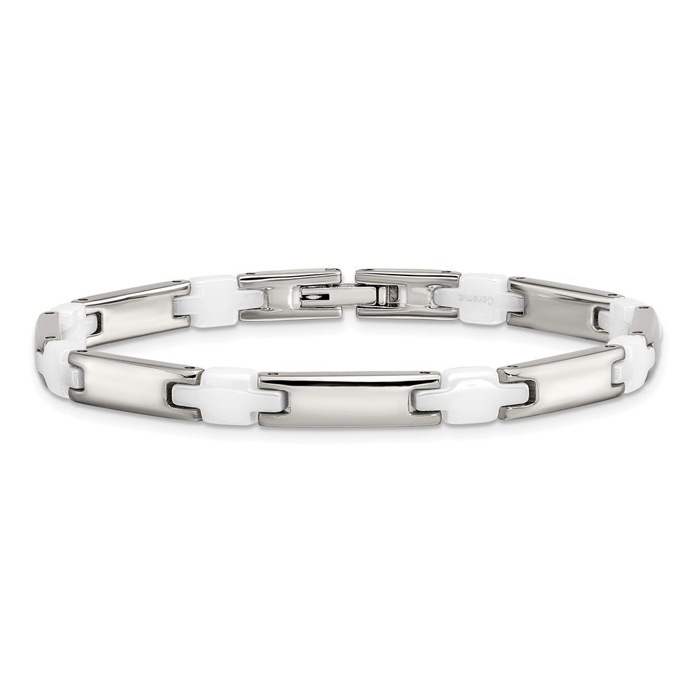 Stainless Steel Chisel Polished With White Ceramic 7.5 Inch Link Bracelet