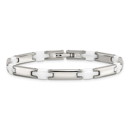 Stainless Steel Chisel Polished With White Ceramic 7.5 Inch Link Bracelet