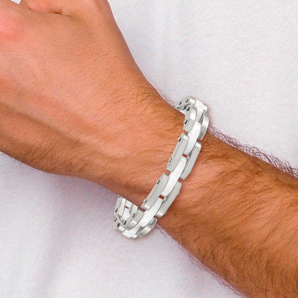 Stainless Steel Chisel Polished With White Ceramic 7.5 Inch Link Bracelet
