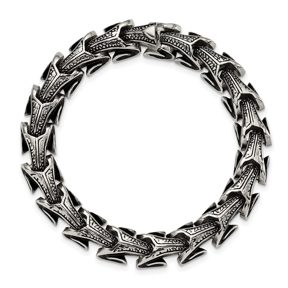 Stainless Steel Chisel Antiqued And Polished 8.5 Inch Dragon Scale Link Bracelet