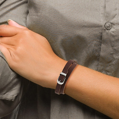 Stainless Steel Chisel Polished Brown Leather 8.5 Inch Adjustable Wrap Bracelet