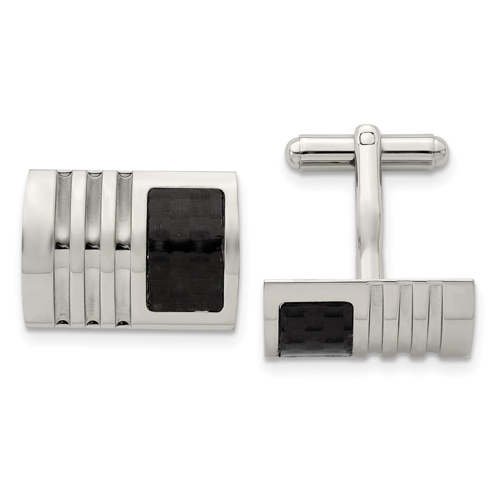Stainless Steel Chisel Brushed Black Carbon Fiber Inlay Cufflinks