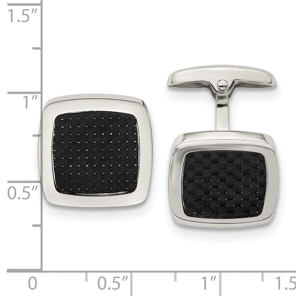 Stainless Steel Chisel Polished Black Carbon Fiber Inlay Rounded Square Cufflinks