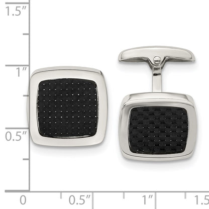 Stainless Steel Chisel Polished Black Carbon Fiber Inlay Rounded Square Cufflinks