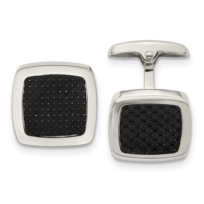 Stainless Steel Chisel Polished Black Carbon Fiber Inlay Rounded Square Cufflinks
