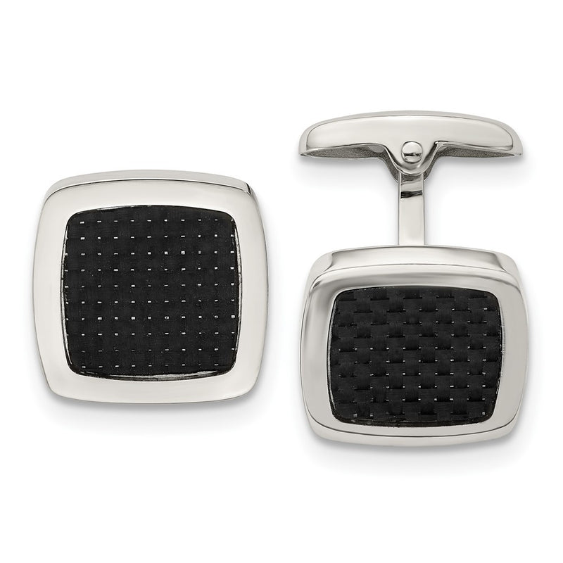 Stainless Steel Chisel Polished Black Carbon Fiber Inlay Rounded Square Cufflinks