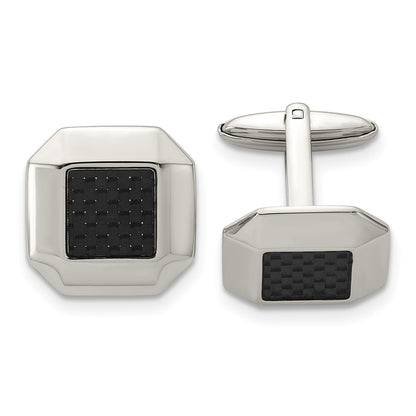 Stainless Steel Chisel Polished Black Carbon Fiber Inlay Cufflinks