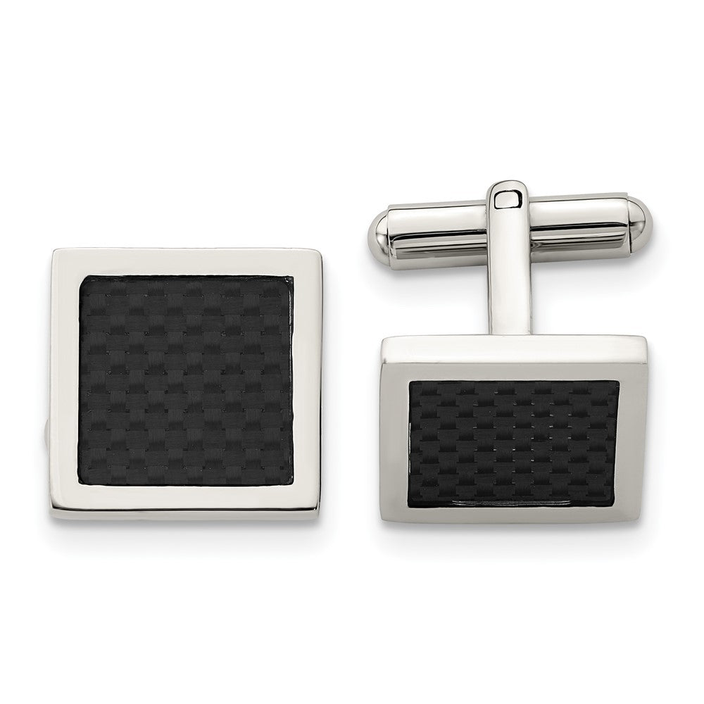 Stainless Steel Chisel Polished Black Carbon Fiber Inlay Square Cufflinks