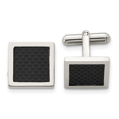 Stainless Steel Chisel Polished Black Carbon Fiber Inlay Square Cufflinks
