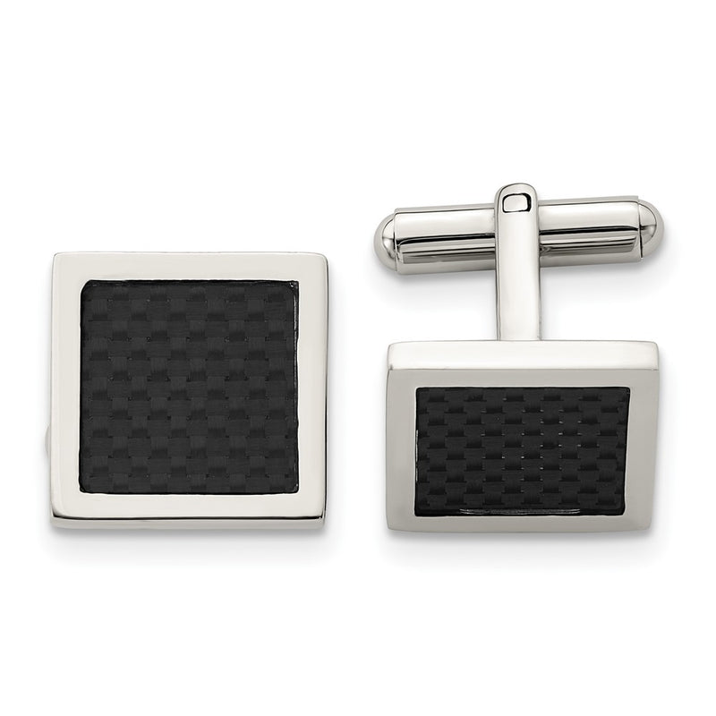 Stainless Steel Chisel Polished Black Carbon Fiber Inlay Square Cufflinks