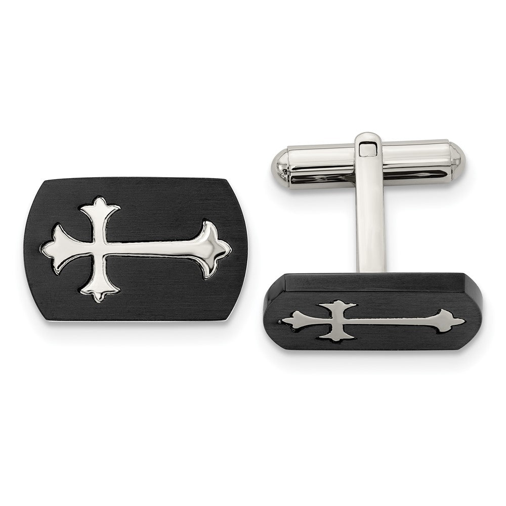 Stainless Steel Chisel Brushed And Polished Black Ip-Plated Cross Cufflinks