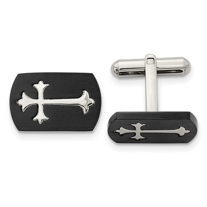 Stainless Steel Chisel Brushed And Polished Black Ip-Plated Cross Cufflinks