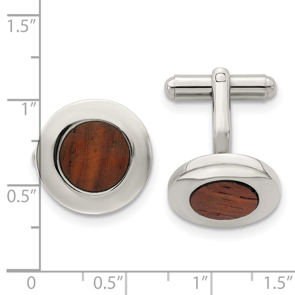 Stainless Steel Chisel Polished Koa Wood Inlay Circle Cufflinks