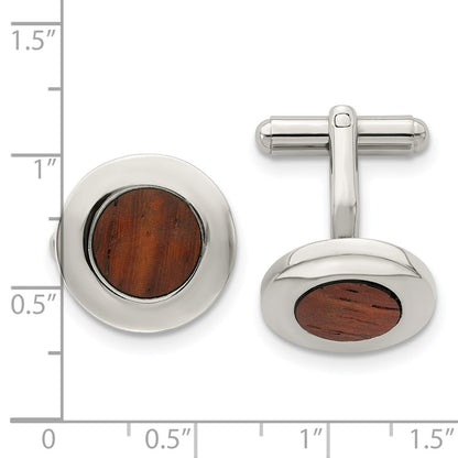 Stainless Steel Chisel Polished Koa Wood Inlay Circle Cufflinks