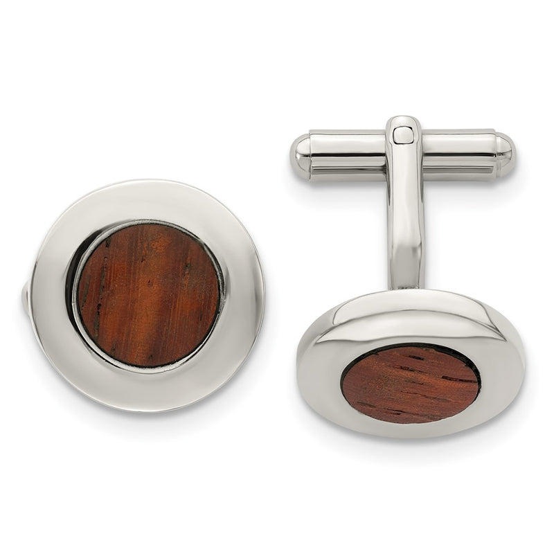Stainless Steel Chisel Polished Koa Wood Inlay Circle Cufflinks