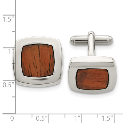 Stainless Steel Chisel Polished Koa Wood Inlay Rounded Square Cufflinks