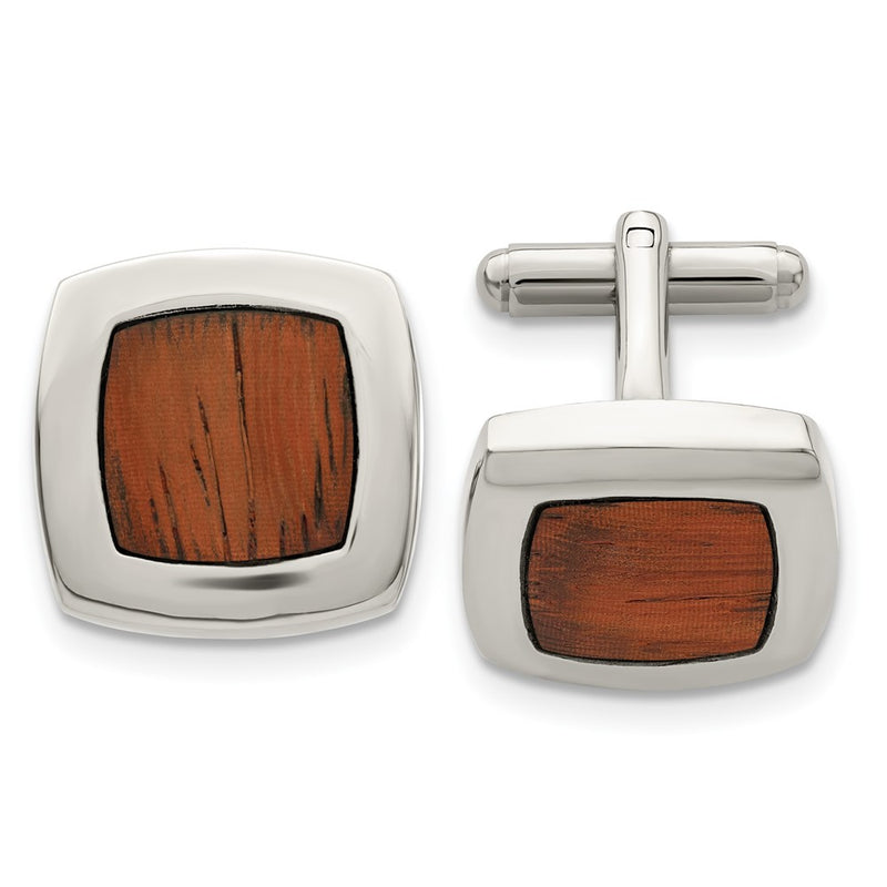 Stainless Steel Chisel Polished Koa Wood Inlay Rounded Square Cufflinks