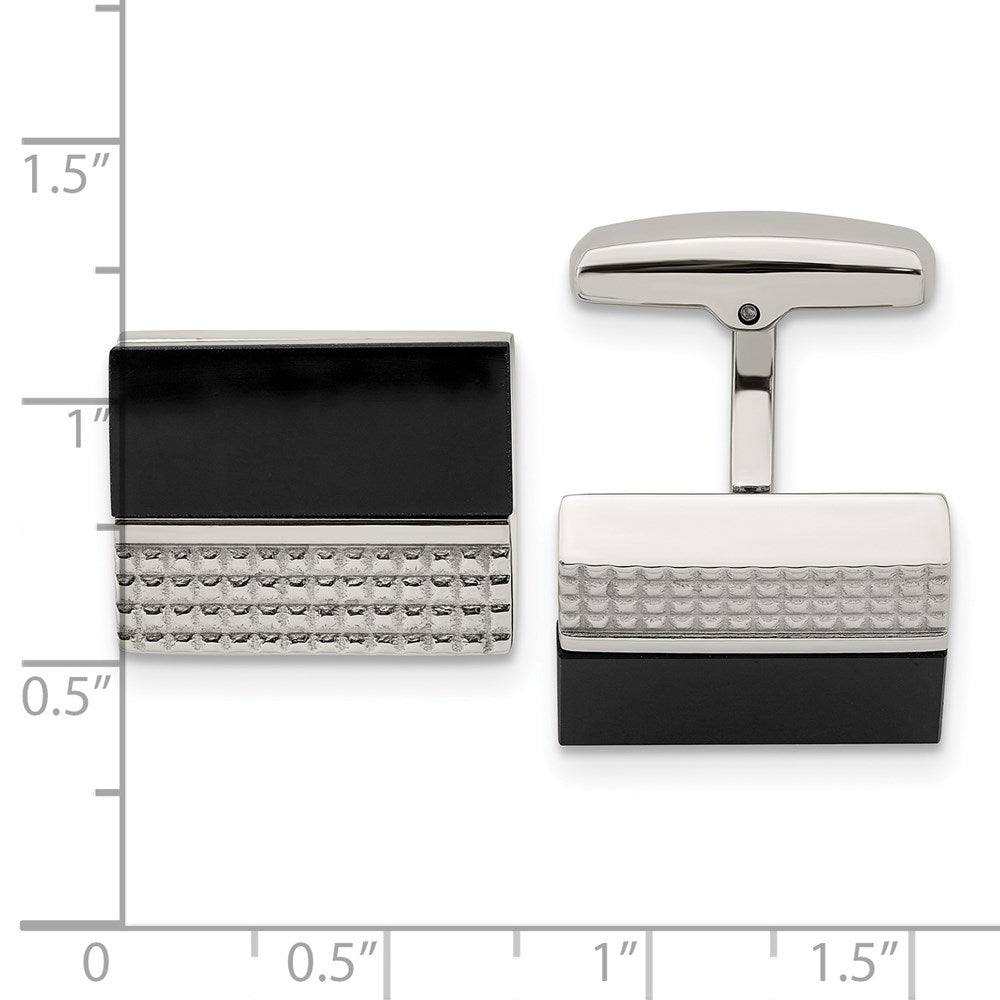 Stainless Steel Polished And Textured Black Agate Square Cufflinks